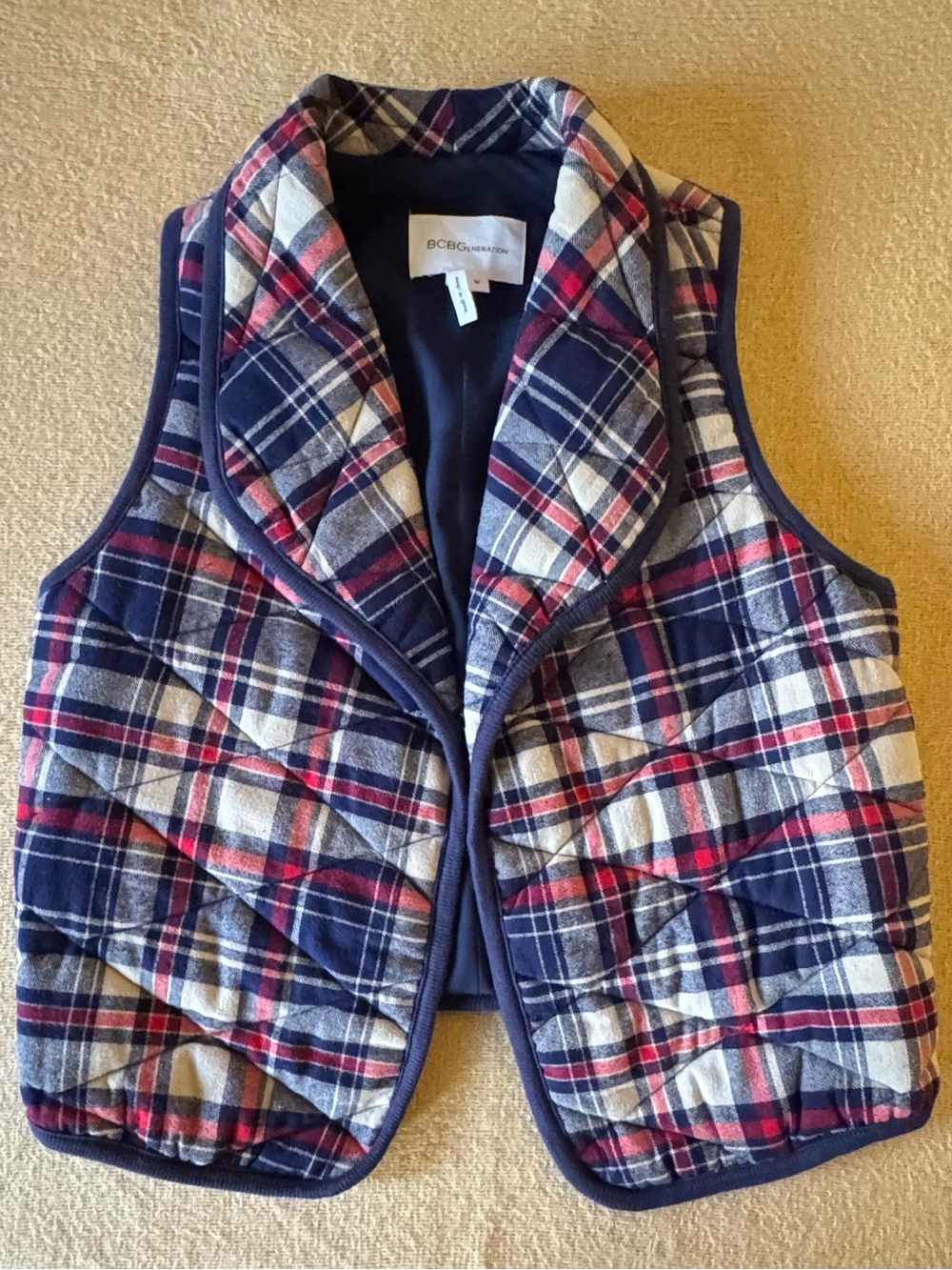 BCBGeneration Navy, Red & White Plaid Quilted Vest. NWOT